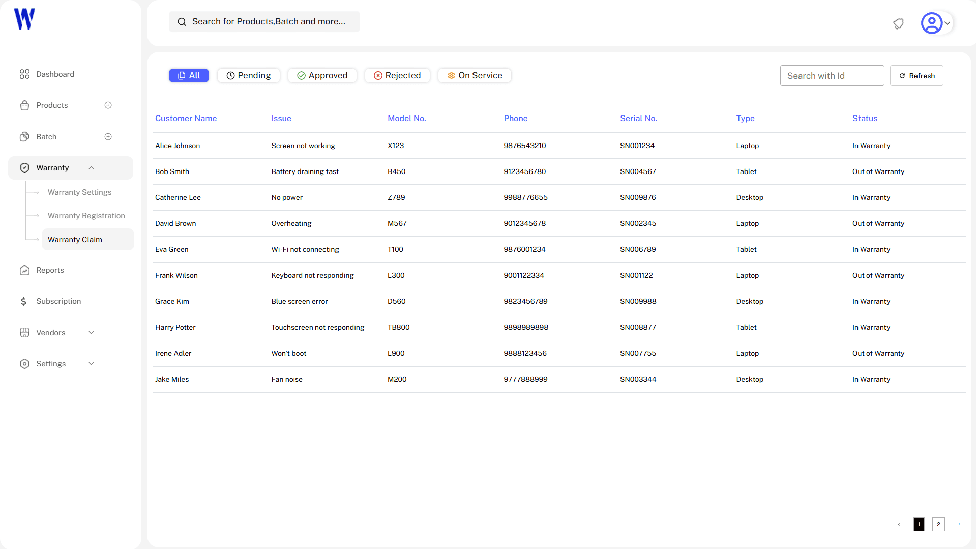 Warranty Management System UI